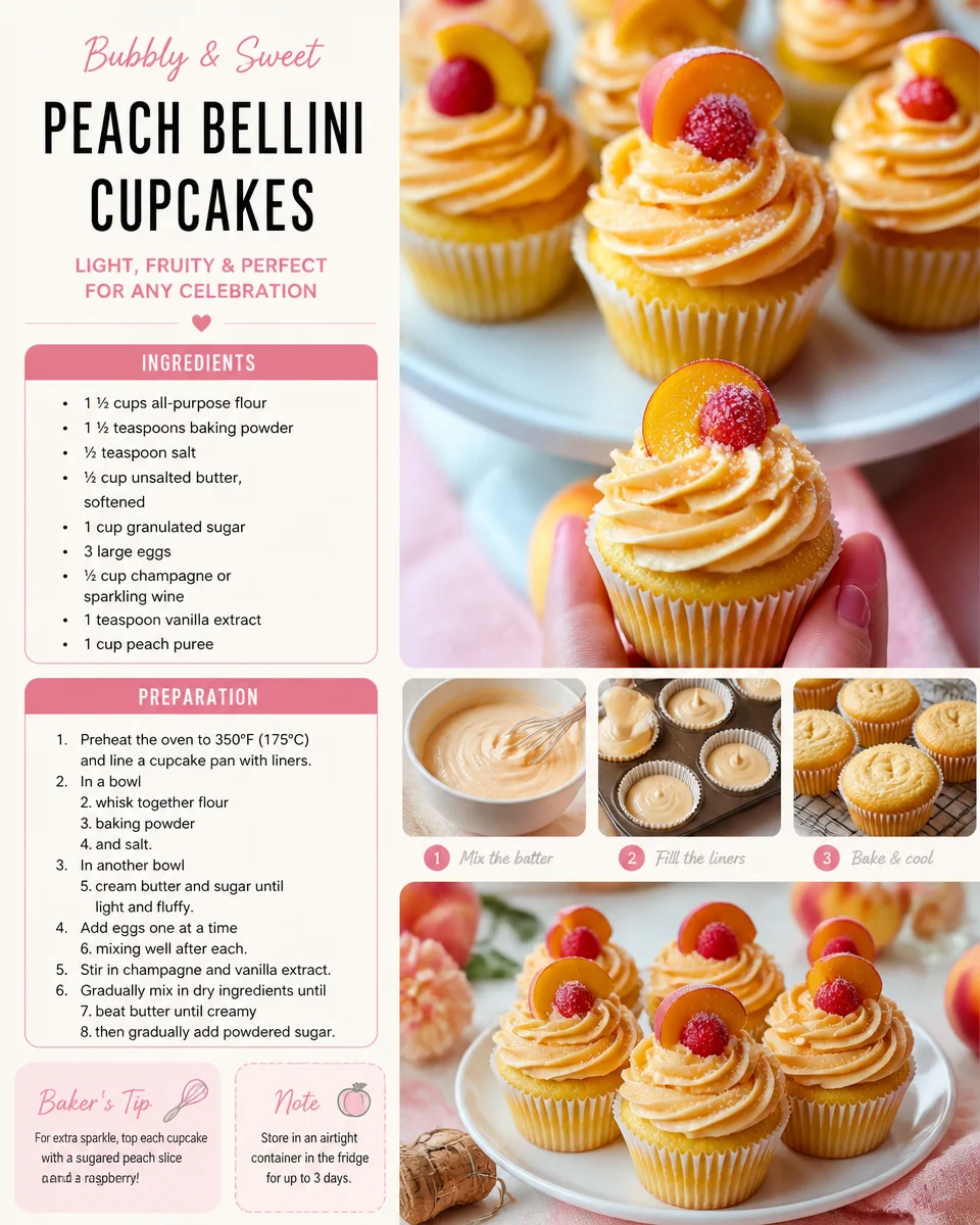 Delicious Peach Bellini Cupcakes topped with peach slices and sparkling frosting