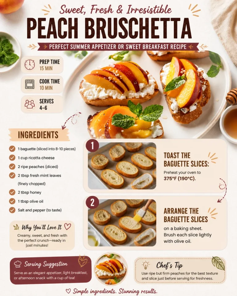 Delicious Peach Bruschetta served as a summer appetizer or breakfast dish