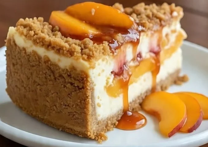 Slice of Peach Cobbler Cheesecake with fresh peaches and crumb topping