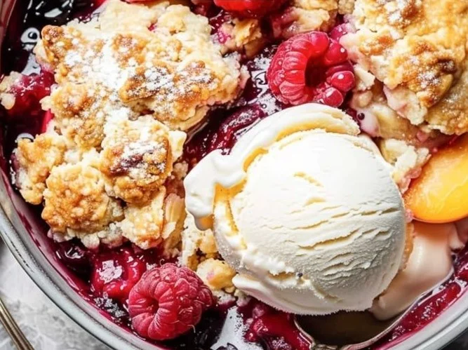 Delicious Peach Cobbler with Raspberries served in a dish