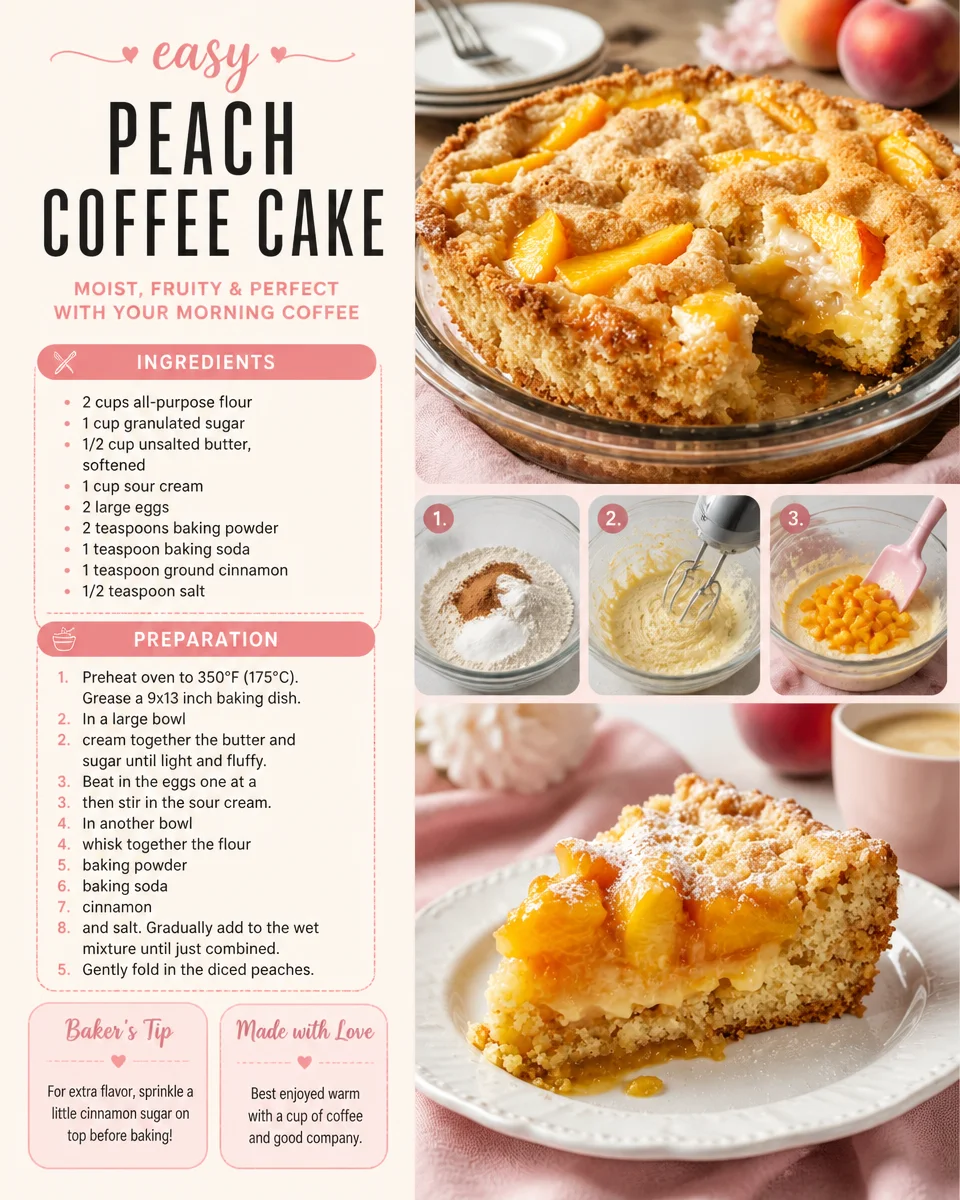 Homemade Peach Coffee Cake with fresh peach slices on top
