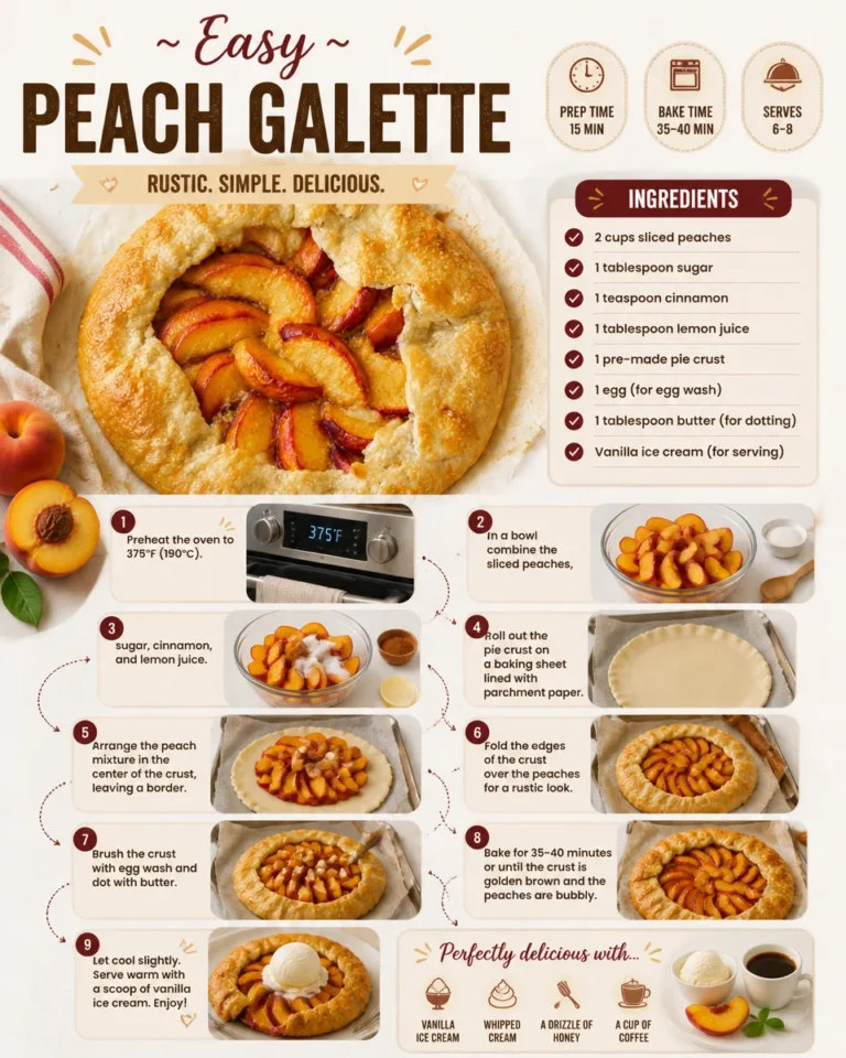 Delicious homemade Peach Galette on a wooden table