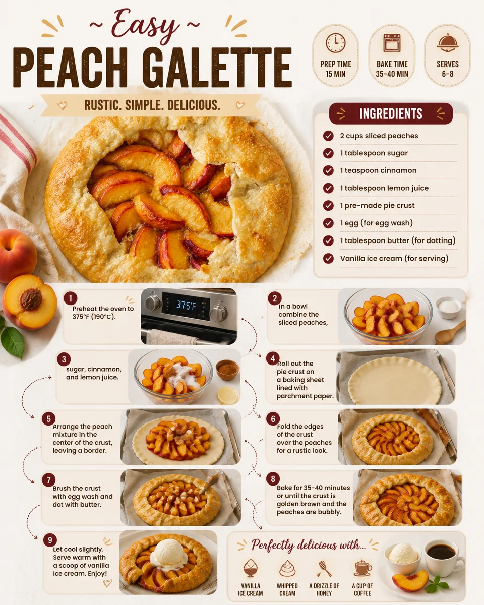 Delicious homemade Peach Galette on a wooden table