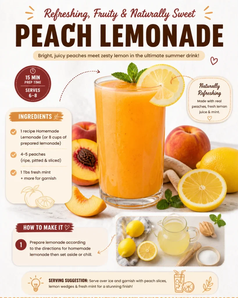 Refreshing glass of homemade Peach Lemonade with fresh peaches and lemons
