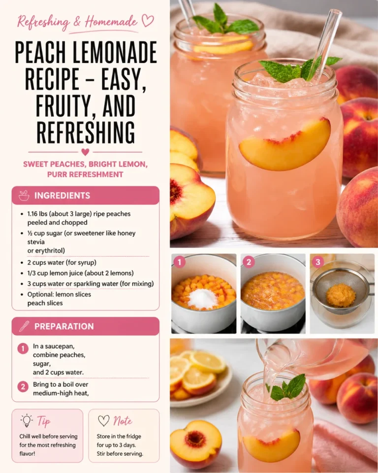 Refreshing glass of peach lemonade with fruit slices and ice cubes