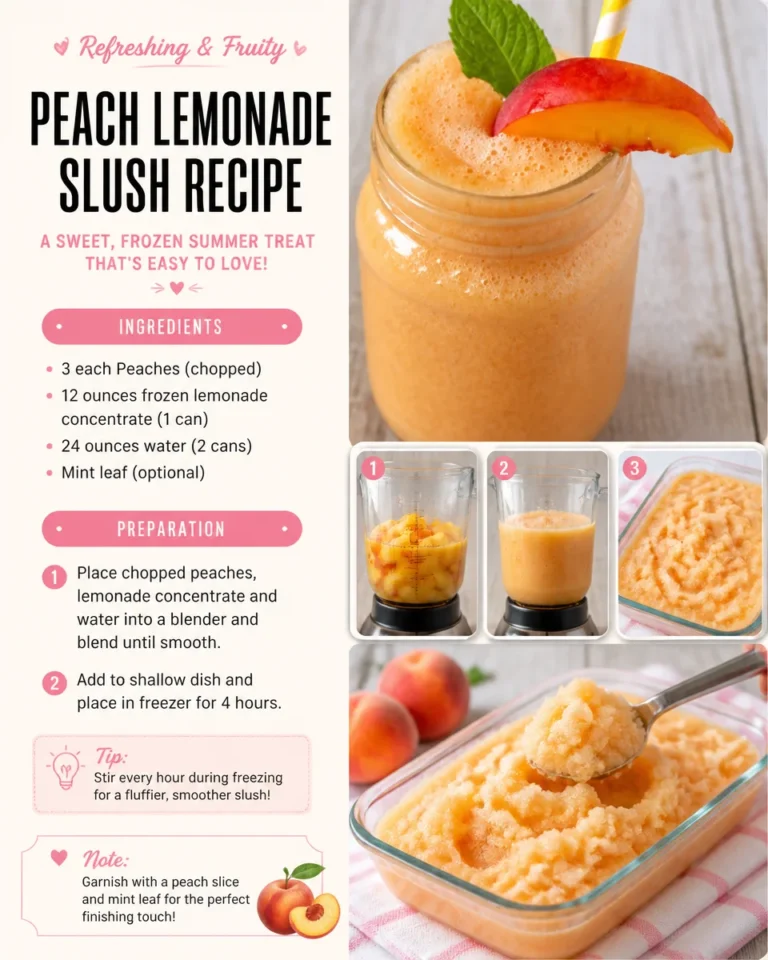 Refreshing Peach Lemonade Slush in a glass with ice and fresh peaches.
