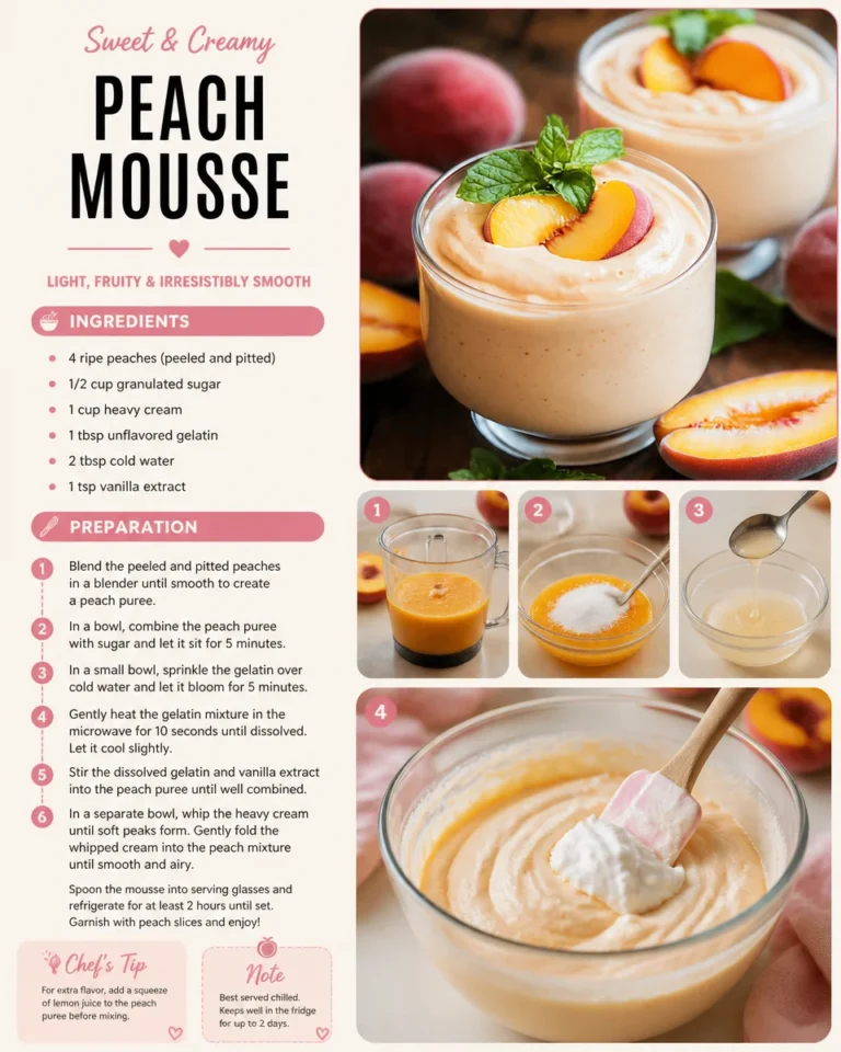 Delicious peach mousse served in a glass with fresh peaches on top.