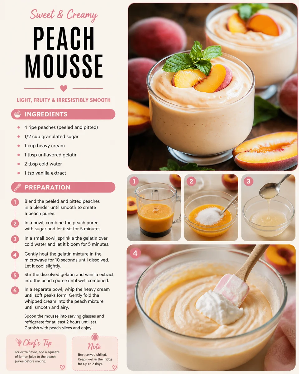 Delicious peach mousse served in a glass with fresh peaches on top.