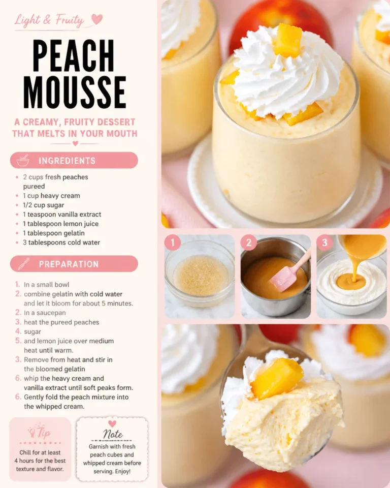 Delicious peach mousse served in a bowl with fresh peaches on top
