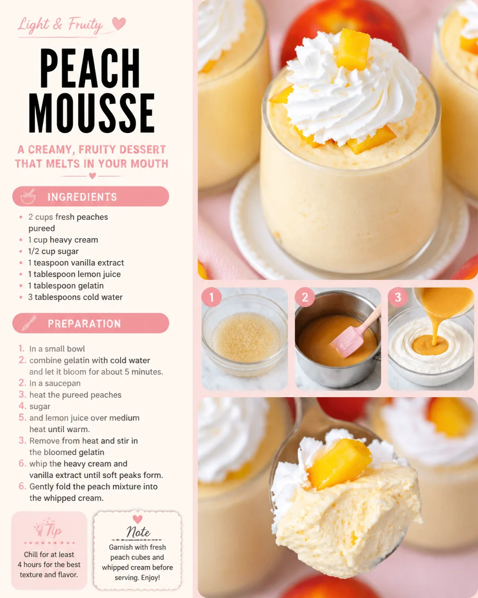 Delicious peach mousse served in a bowl with fresh peaches on top