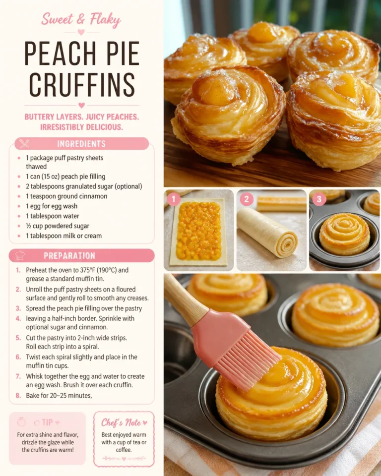 Peach Pie Cruffins with fresh peaches and flaky crust on a rustic table
