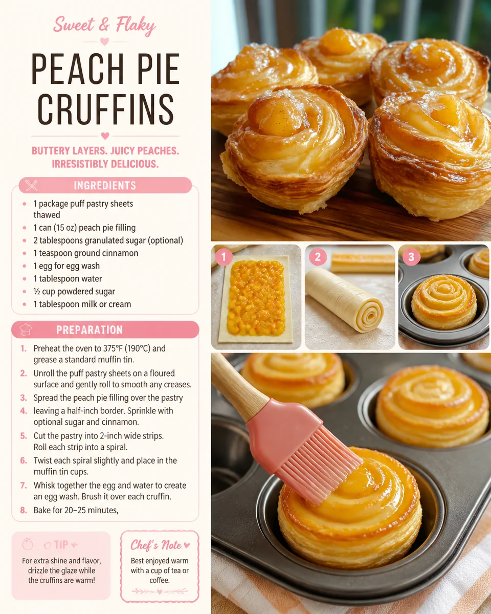 Peach Pie Cruffins with fresh peaches and flaky crust on a rustic table
