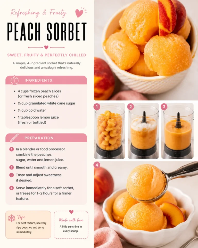 Bowl of homemade peach sorbet garnished with fresh peach slices