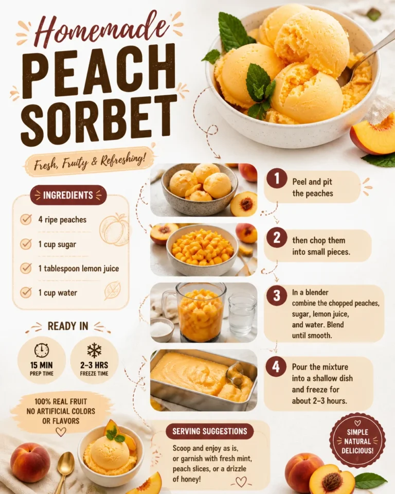 Bowl of refreshing homemade Peach Sorbet garnished with mint leaves