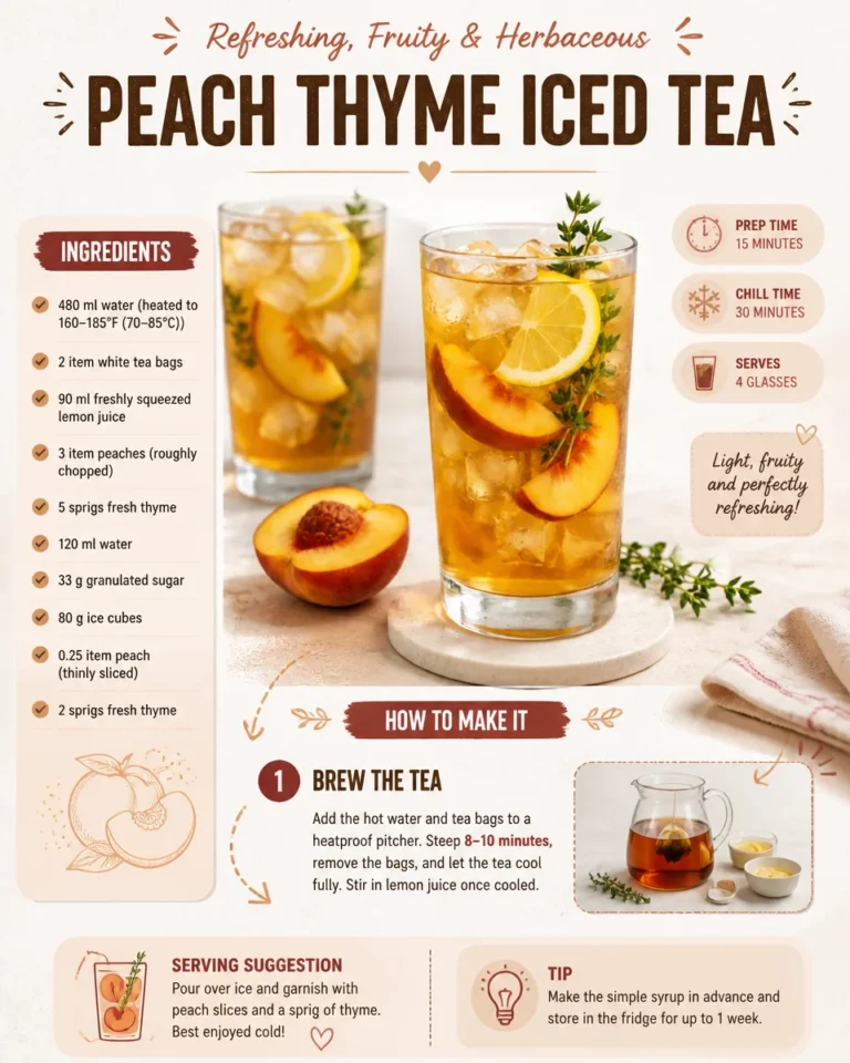 A refreshing glass of Peach Thyme Iced Tea with peach slices and thyme sprigs.
