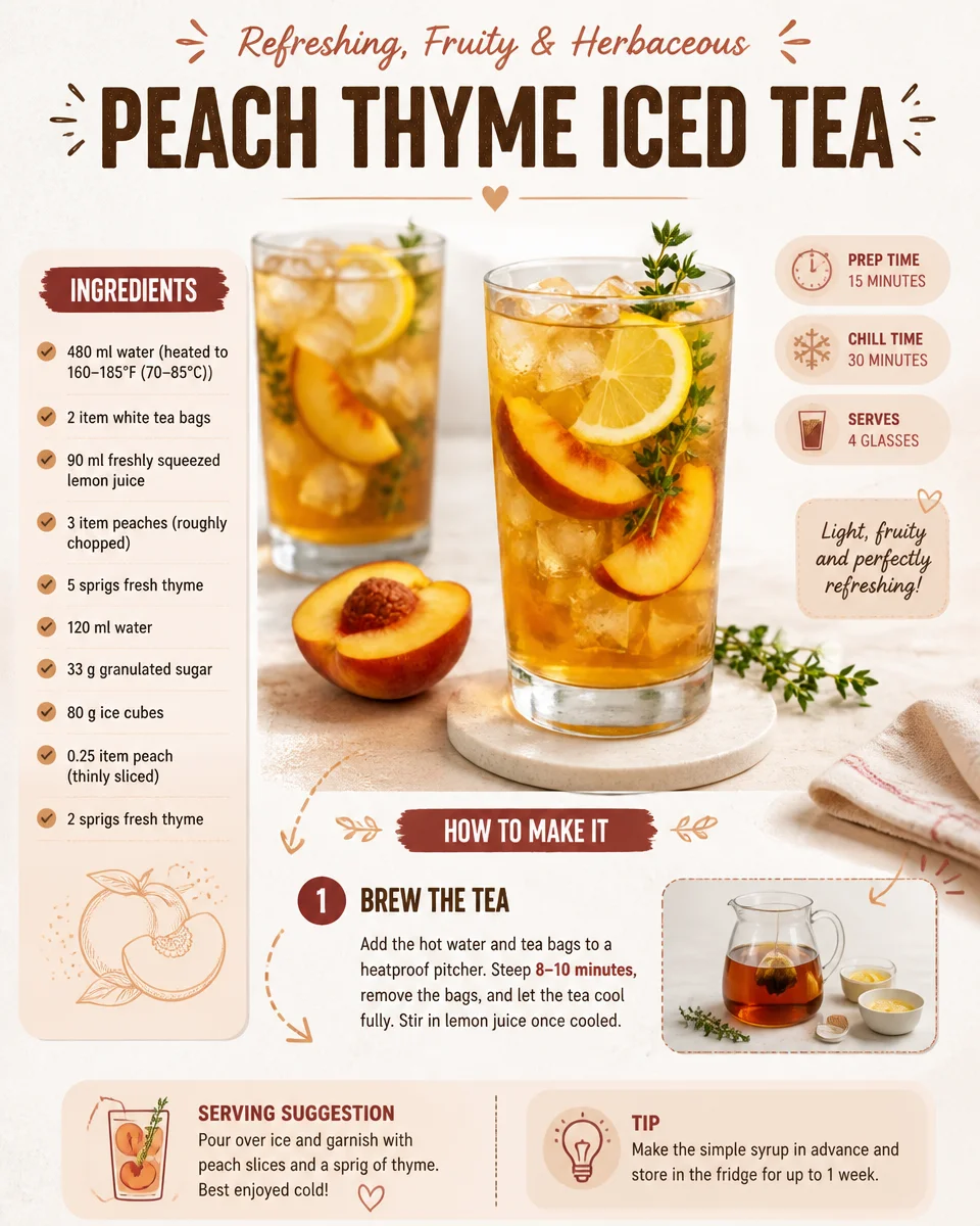 A refreshing glass of Peach Thyme Iced Tea with peach slices and thyme sprigs.