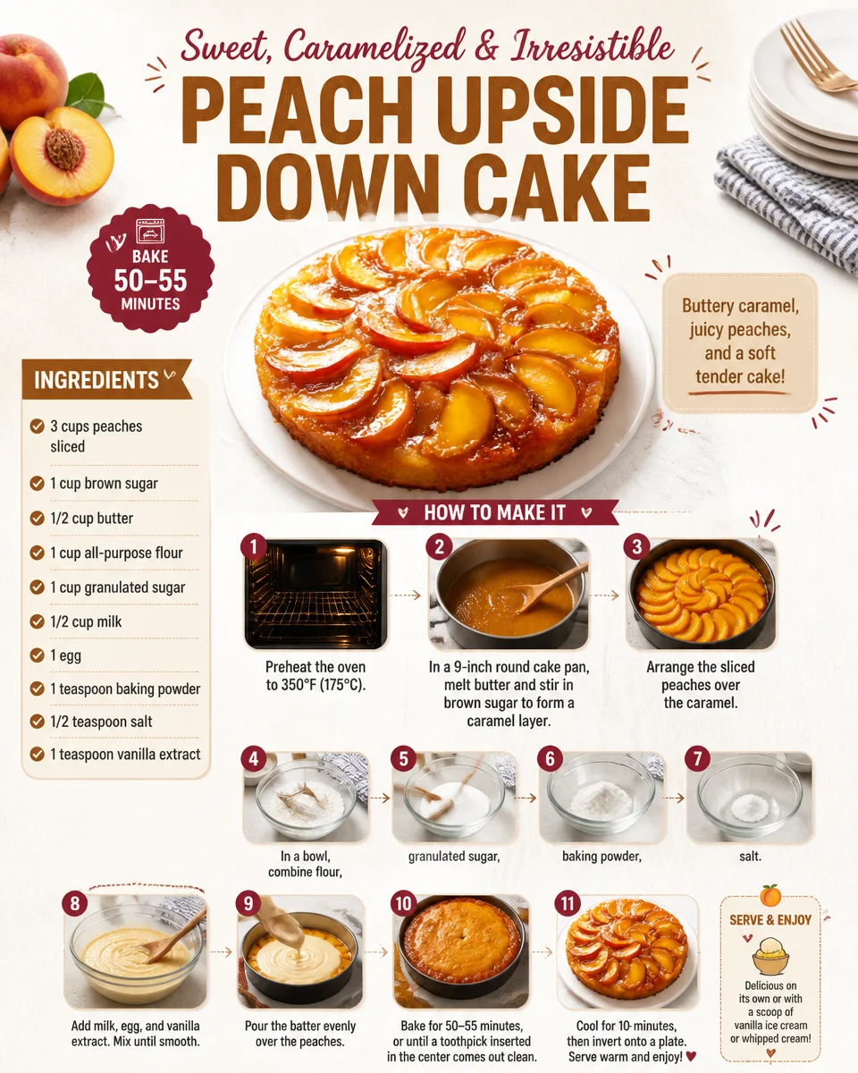 Delicious Peach Upside Down Cake with caramelized peaches and a moist texture.