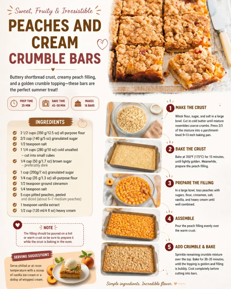 Delicious peaches and cream crumble bars with a golden crust and creamy filling