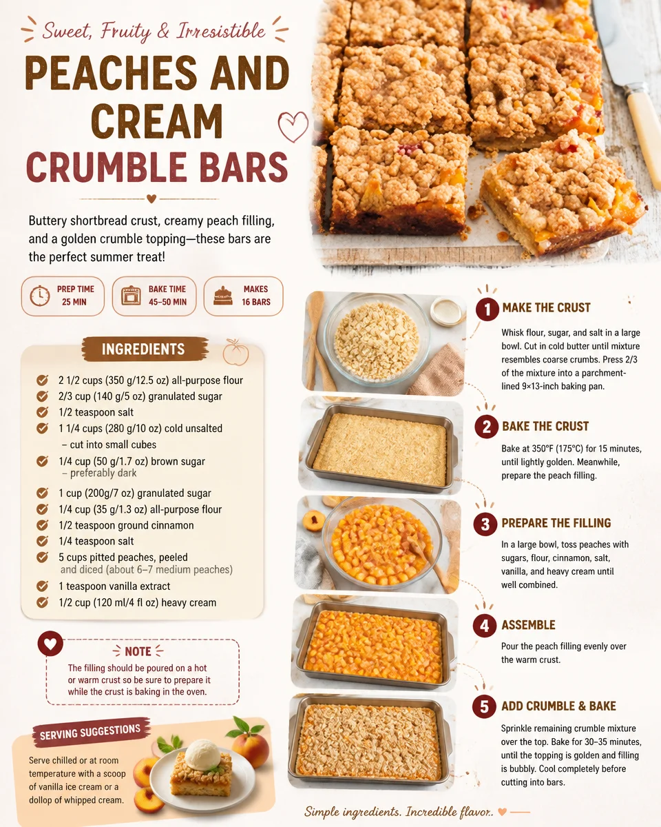 Delicious peaches and cream crumble bars with a golden crust and creamy filling