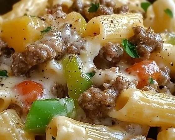 Creamy Philly Cheesesteak Pasta served in a bowl with herbs on top