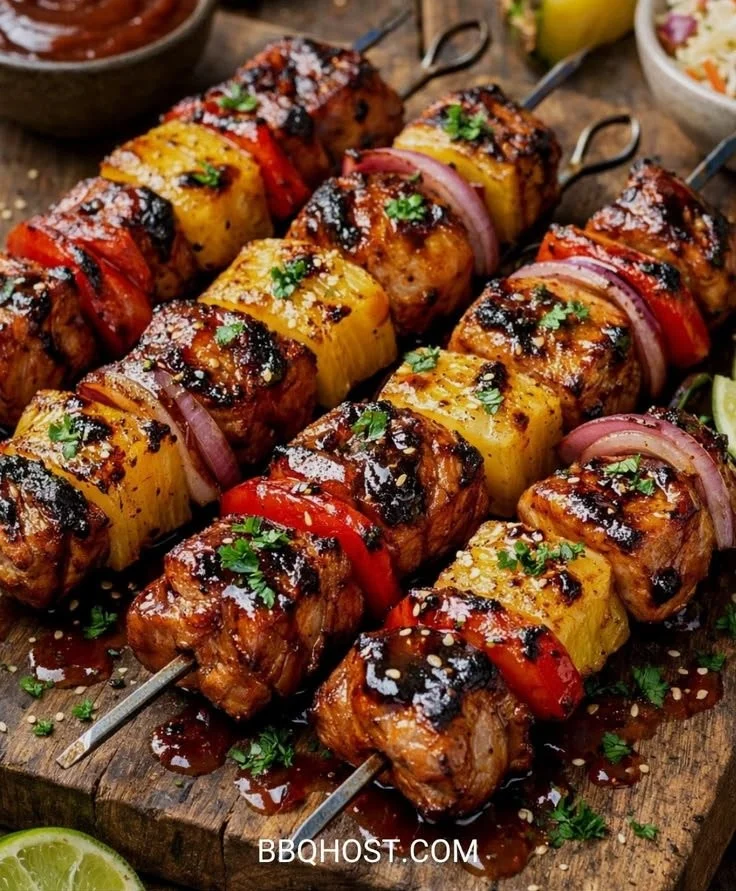 Delicious Pineapple BBQ Pork Skewers Kebab ready for grilling.