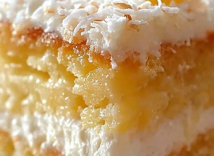 Delicious Pineapple Coconut Dream Cake topped with coconut flakes and pineapple slices