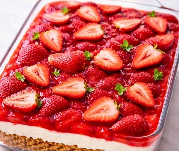 Pioneer Woman Strawberry Pretzel Salad with fresh strawberries and pretzels