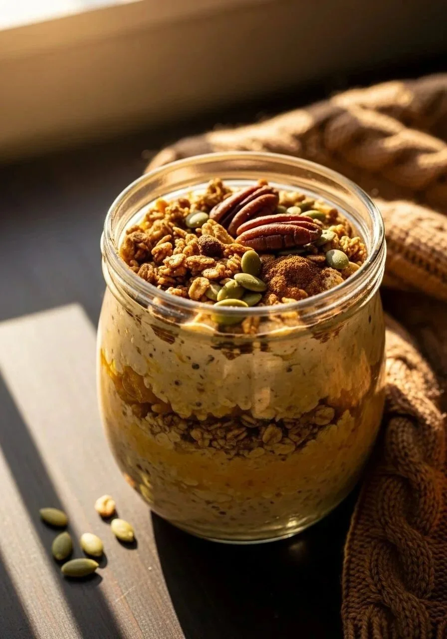 Bowl of pumpkin overnight oats topped with nuts and spices