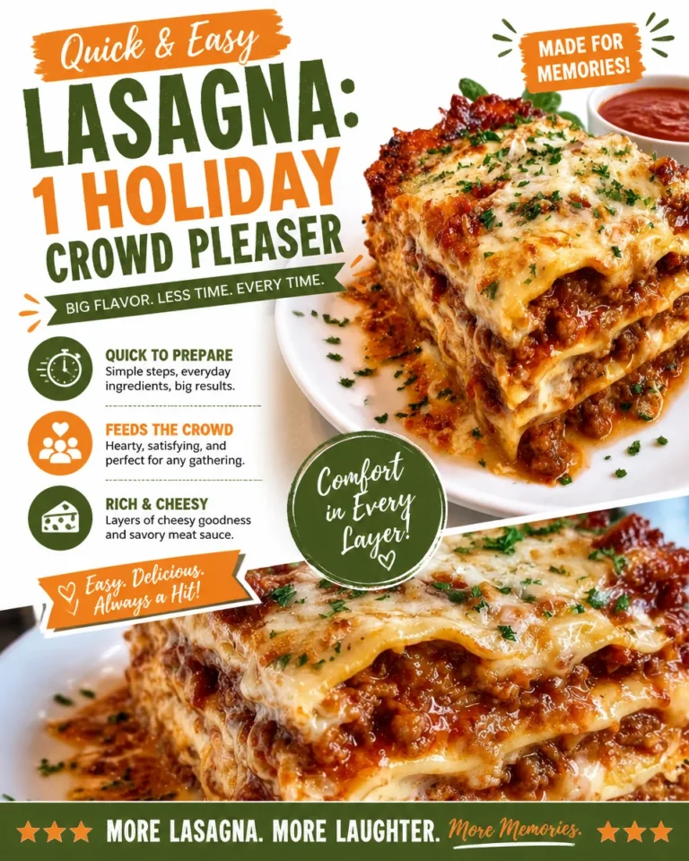 Delicious quick and easy lasagna, perfect for holiday gatherings and family dinners.