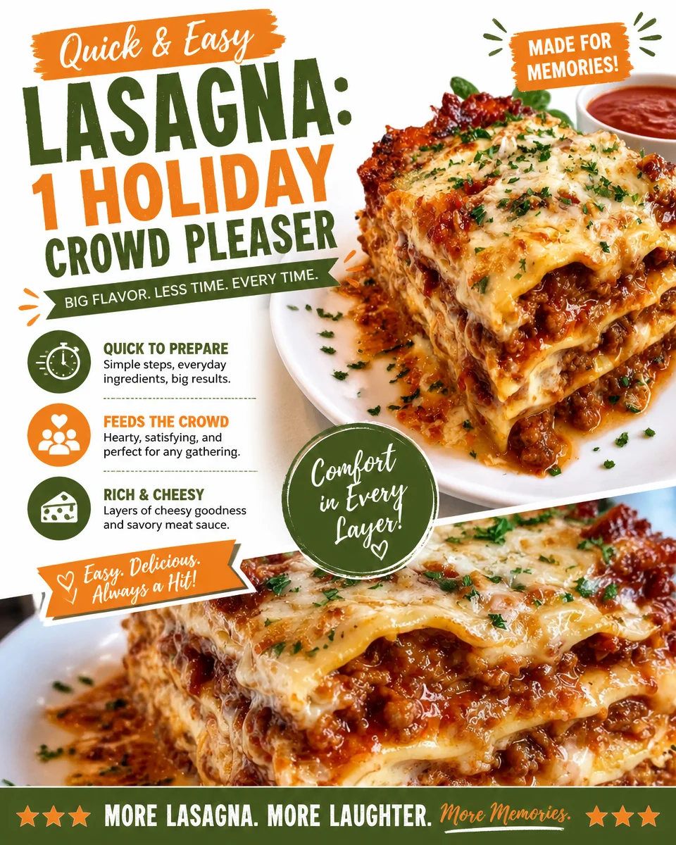 Delicious quick and easy lasagna, perfect for holiday gatherings and family dinners.