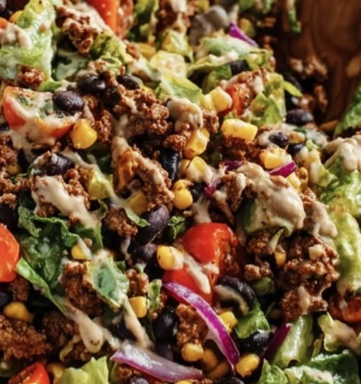 Delicious 20-minute taco salad with fresh ingredients and vibrant toppings.