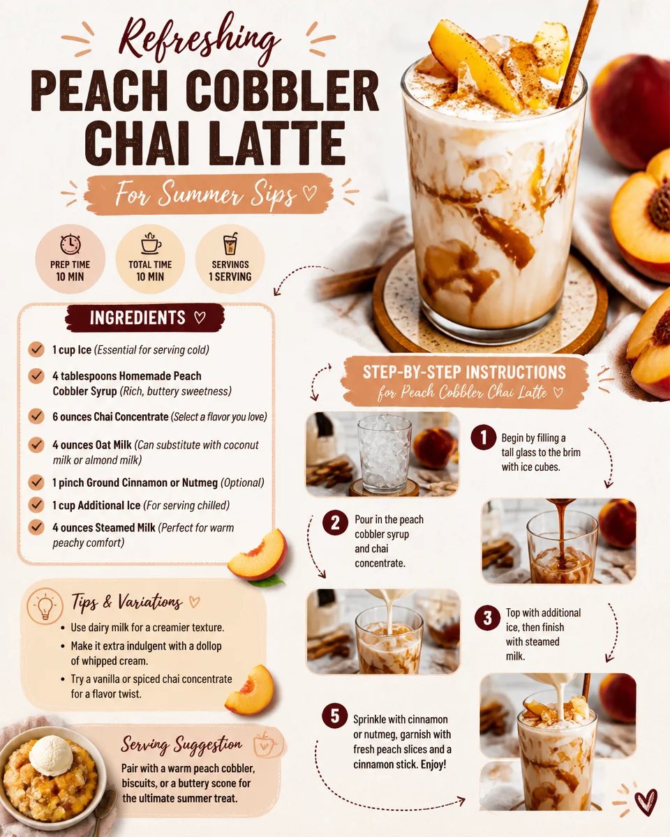 A chilled Peach Cobbler Chai Latte topped with whipped cream and peach slices.