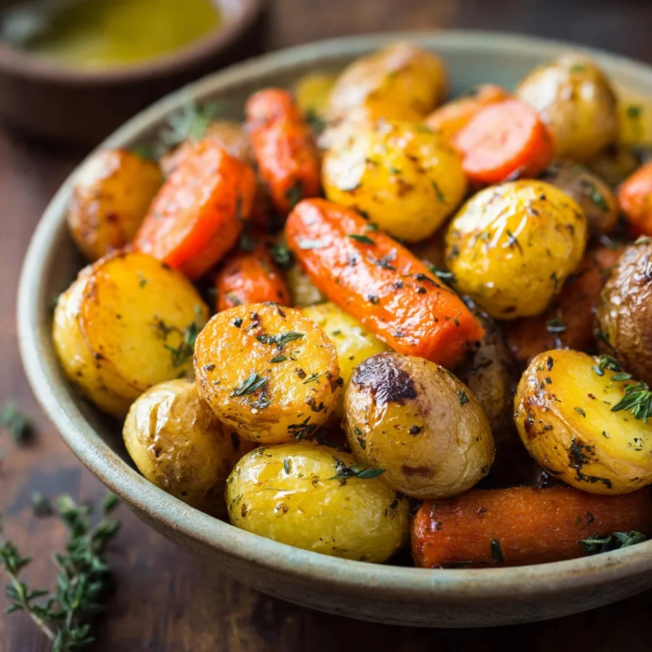 Crispy roast potatoes and carrots served on a plate, garnished with herbs.