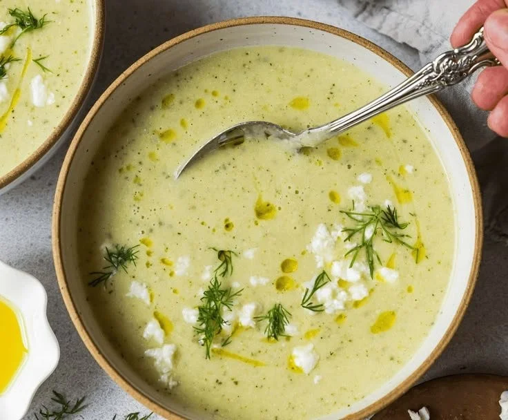 Bowl of creamy roasted zucchini feta soup garnished with fresh herbs