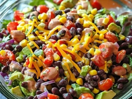 Delicious cowboy salad with fresh vegetables, beans, and dressing