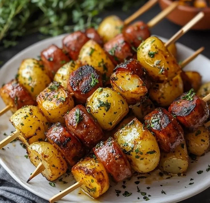 Grilled cowboy butter kielbasa and potato skewers served on a plate.