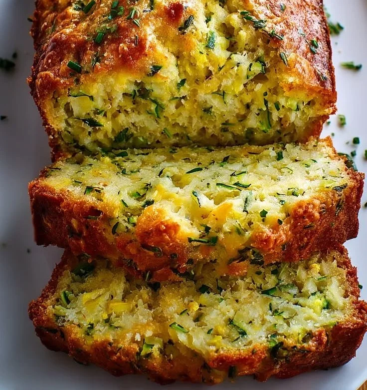 Savory cheesy zucchini bread fresh out of the oven on a wooden cutting board.