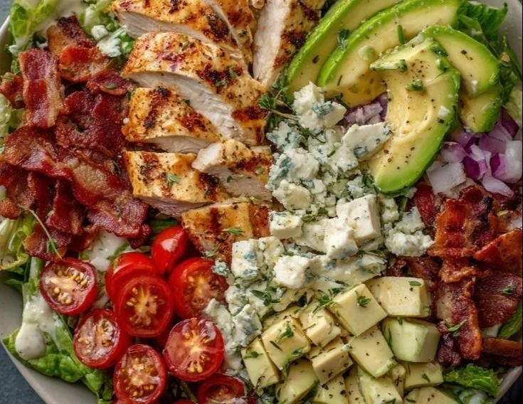 Savory BLT Chicken Salad with bacon, lettuce, tomatoes, and grilled chicken.