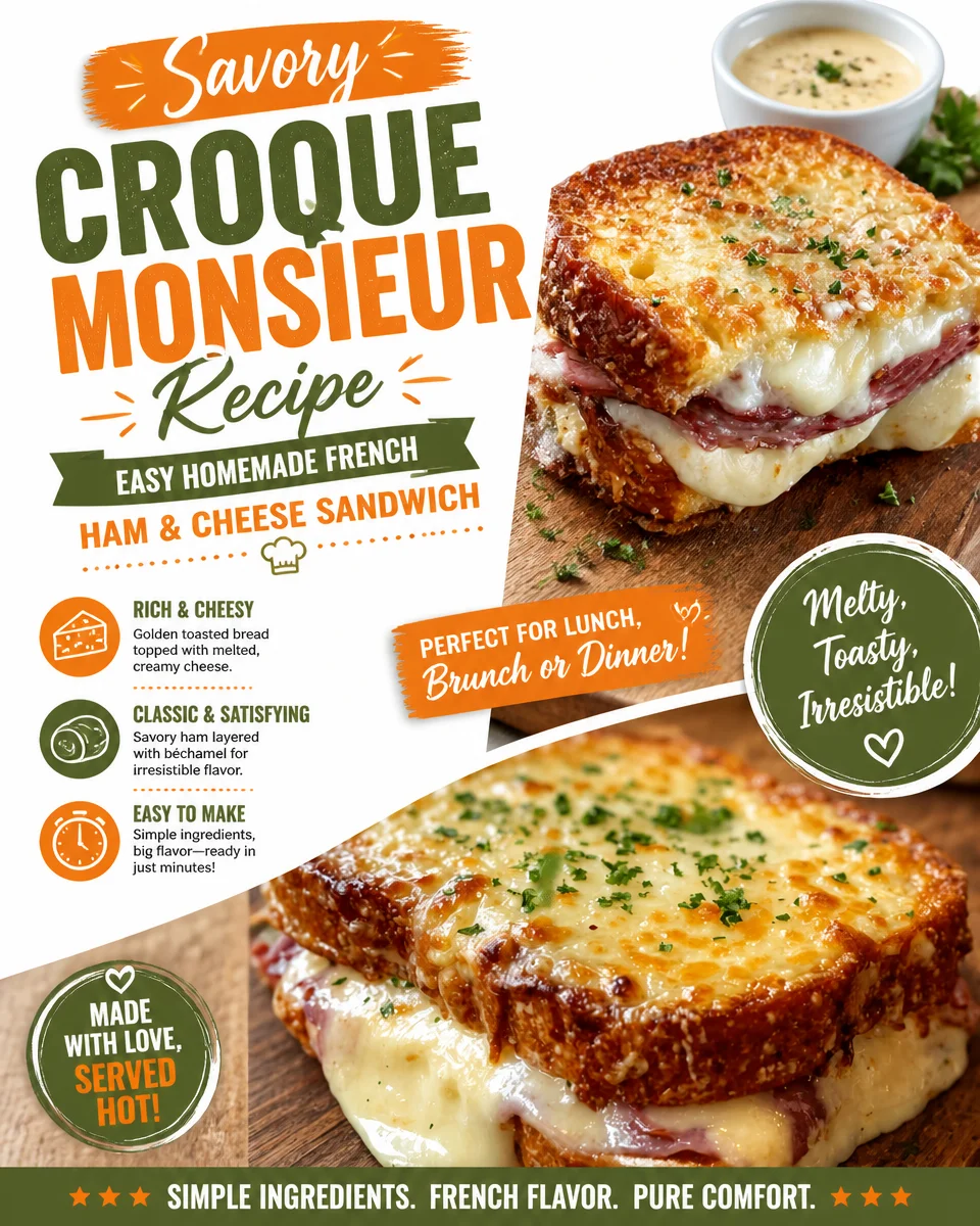 Delicious homemade Croque Monsieur sandwich with ham and cheese