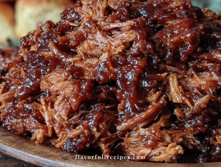 Savory Dr Pepper pulled pork with sweet smoky glaze served on a platter.