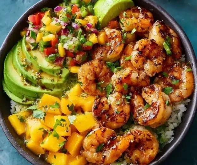 Shrimp avocado bowls with mango salsa and lime chili sauce for a fresh meal
