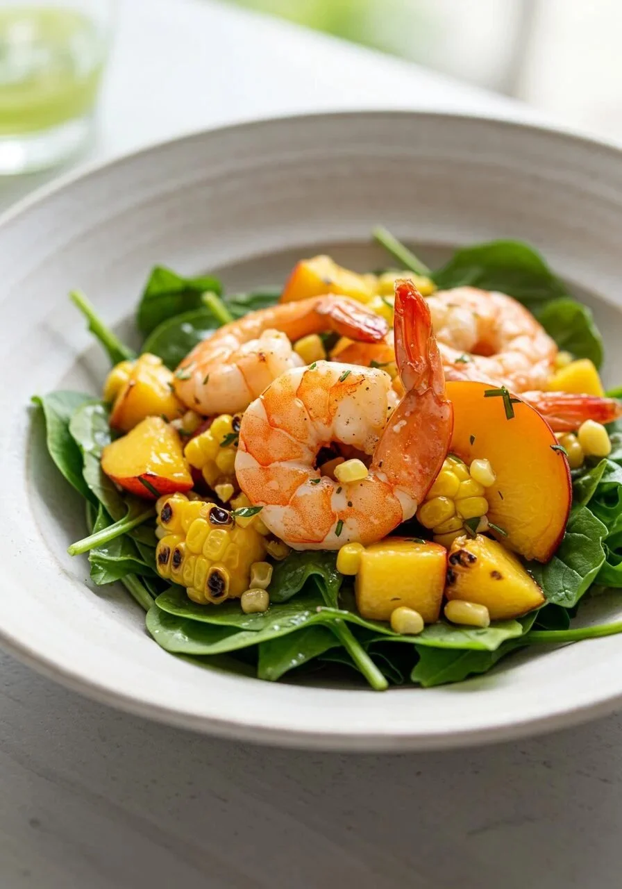Delicious shrimp and nectarine salad in a bowl, garnished with fresh herbs.