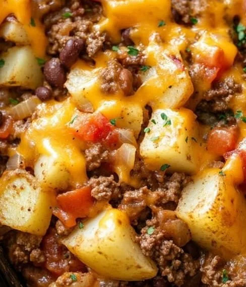 Delicious slow cooker cowboy casserole with ground beef, beans, and cheese