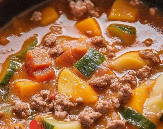 Bowl of Slow Cooker Italian Summer Soup topped with fresh basil and vegetables.