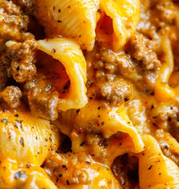 Slow cooker taco pasta with cheese, beef, and colorful toppings in a bowl