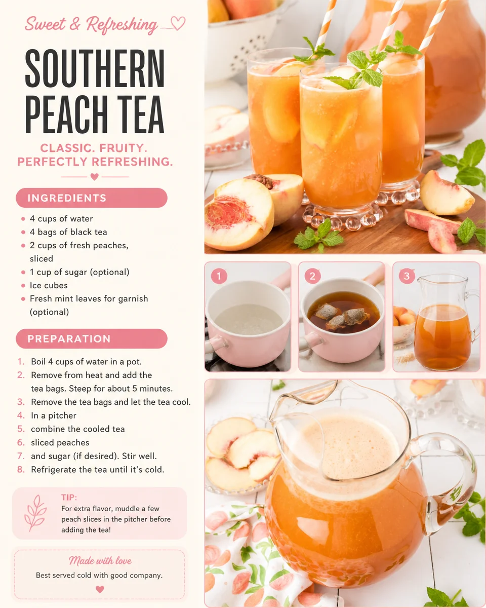 Glass of Southern Peach Tea garnished with fresh peaches and mint leaves