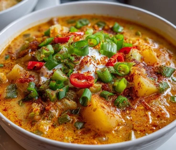 Bowl of creamy Cajun Potato Soup with spices and garnishes