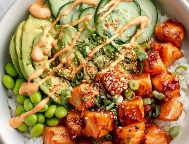 Spicy Salmon Sushi Bowl featuring fresh ingredients and vibrant colors.
