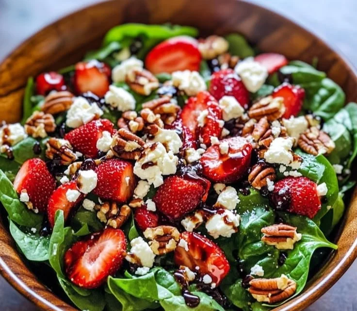 Delicious Spinach Strawberry Salad with Pecans served in a bowl