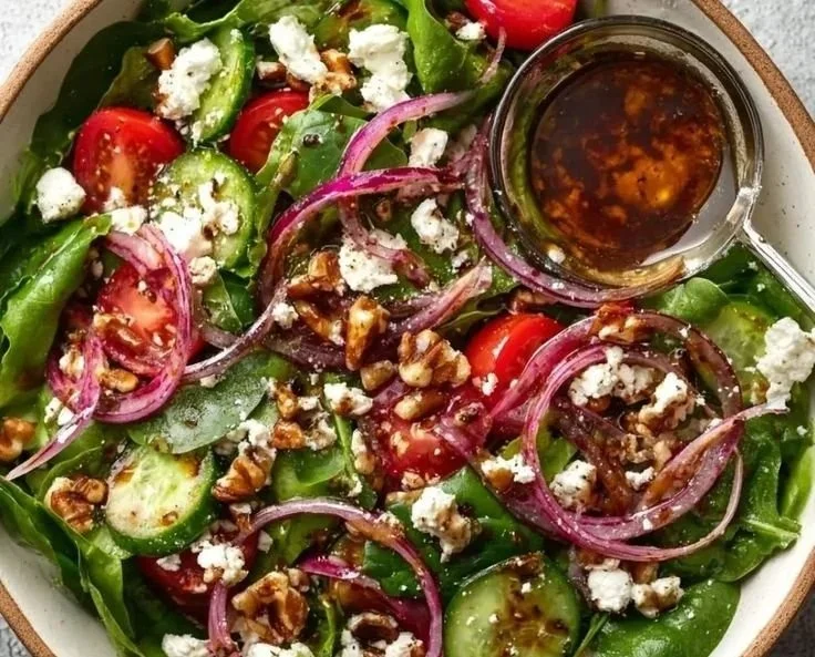Spring mix salad drizzled with balsamic honey dressing and garnished with fresh herbs.